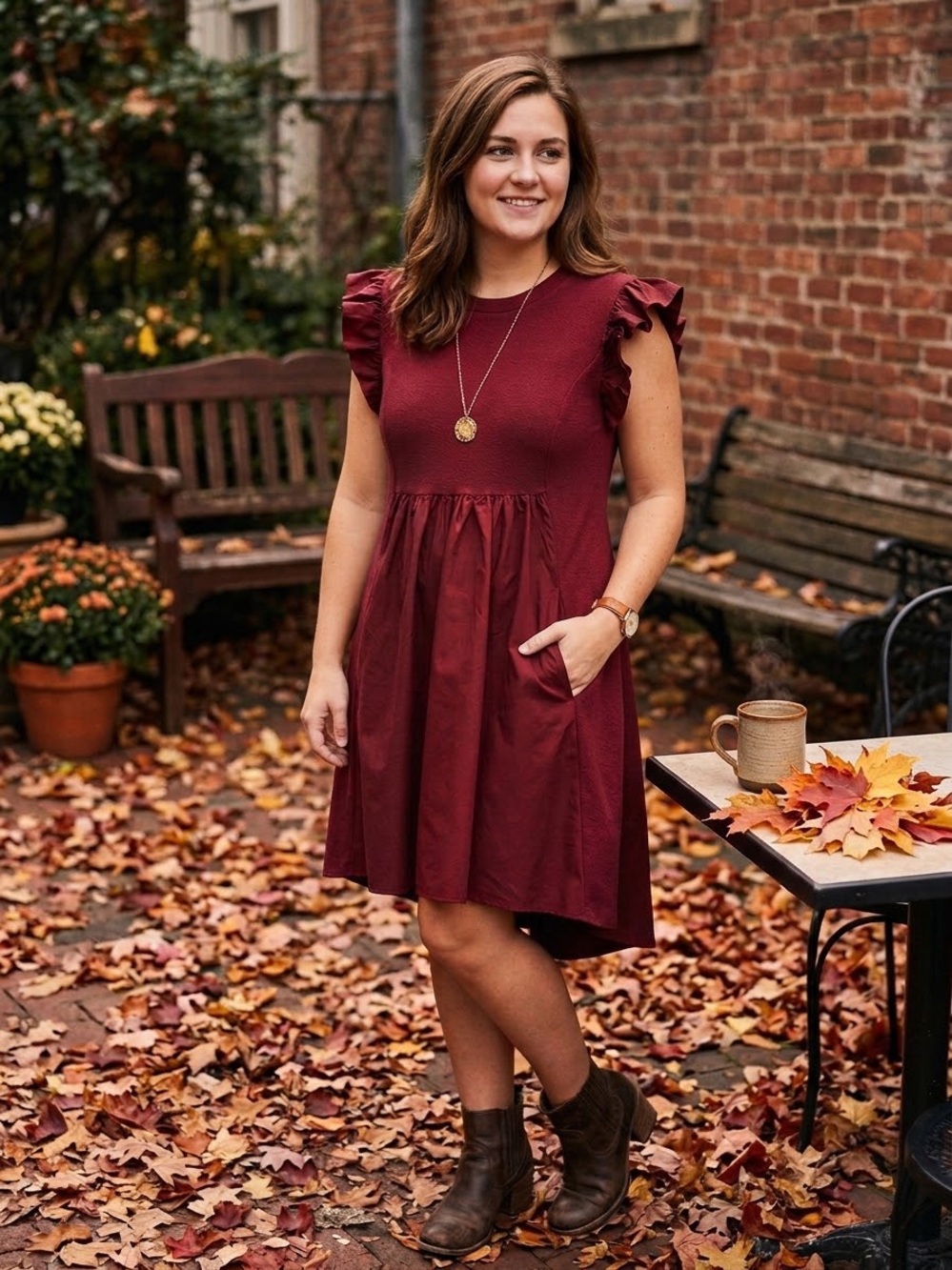 ENGLISH FACTORY Burgundy Knit Poplin Ruffle Mini Dress Pockets M